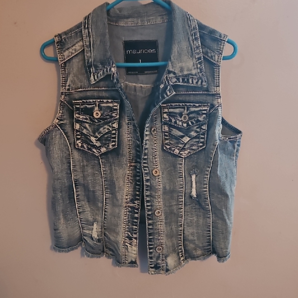 Maurices Blue Denim Vest with Distressed Details
